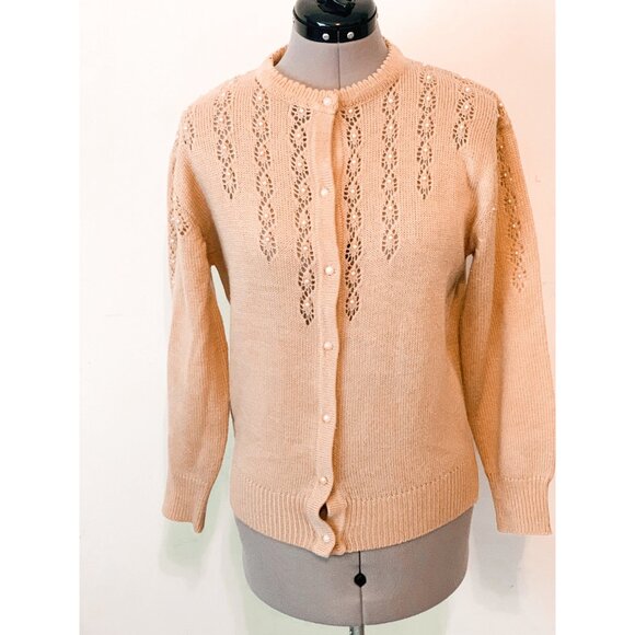 Vintage 80s Carmel Brown Beaded Knit Cardigan Sweater Size Medium - Picture 7 of 10